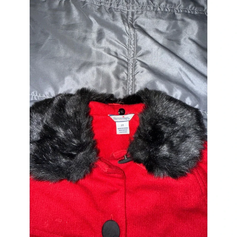 Hartstrings Toddler Girls Red Faux Fur Collar Babydoll Dress Coat Size 2T